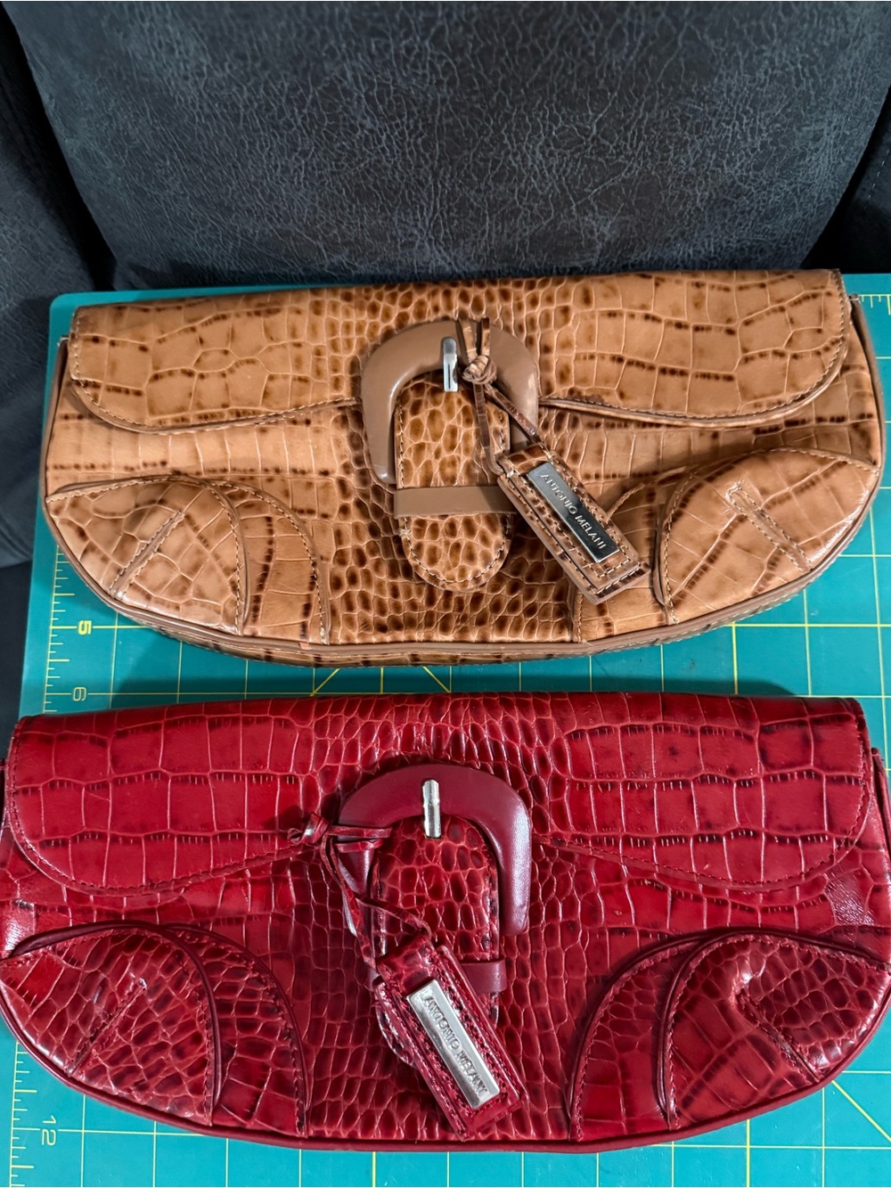 Lot of 2 ANTONIO MELANI Tan and Red Mock Croc X DETAILED Leather Purse Clutch